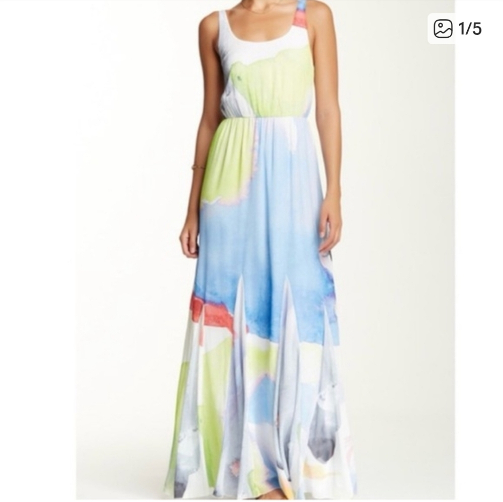 Alice + Olivia Pastel Watercolor Maxi Dress in Blue, Lime, Coral, White